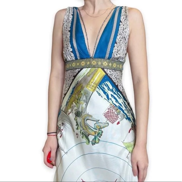 Nicole Miller Collection Print Rhinestone Plunge Neck Silk Midi Dress - Picture 3 of 7